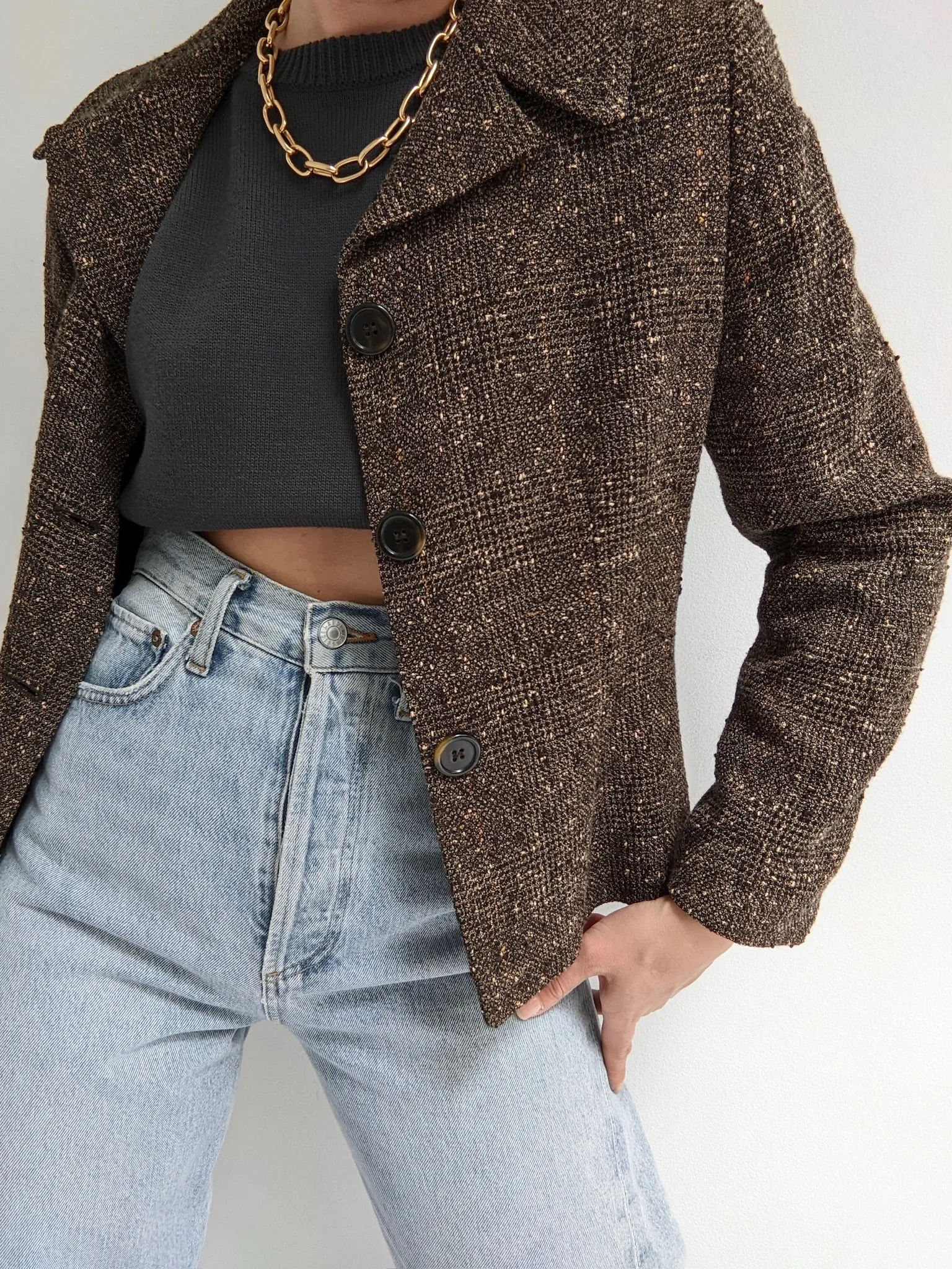 90s Cropped Woven Wool Blazer