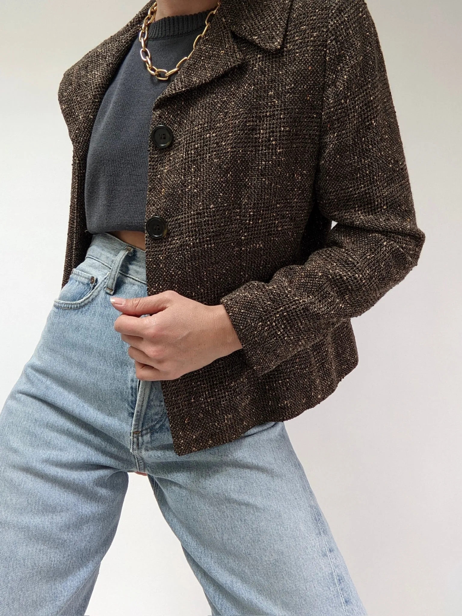 90s Cropped Woven Wool Blazer