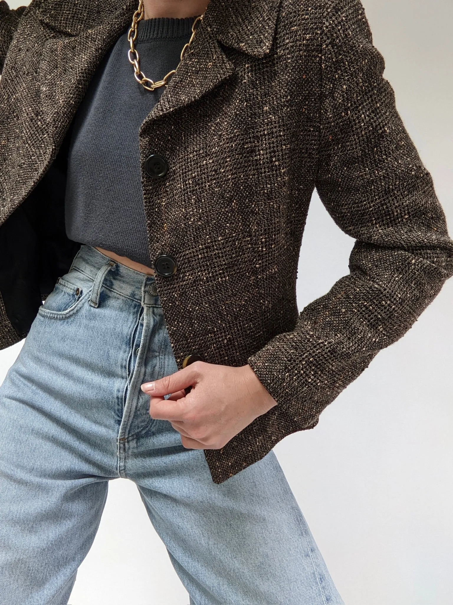 90s Cropped Woven Wool Blazer