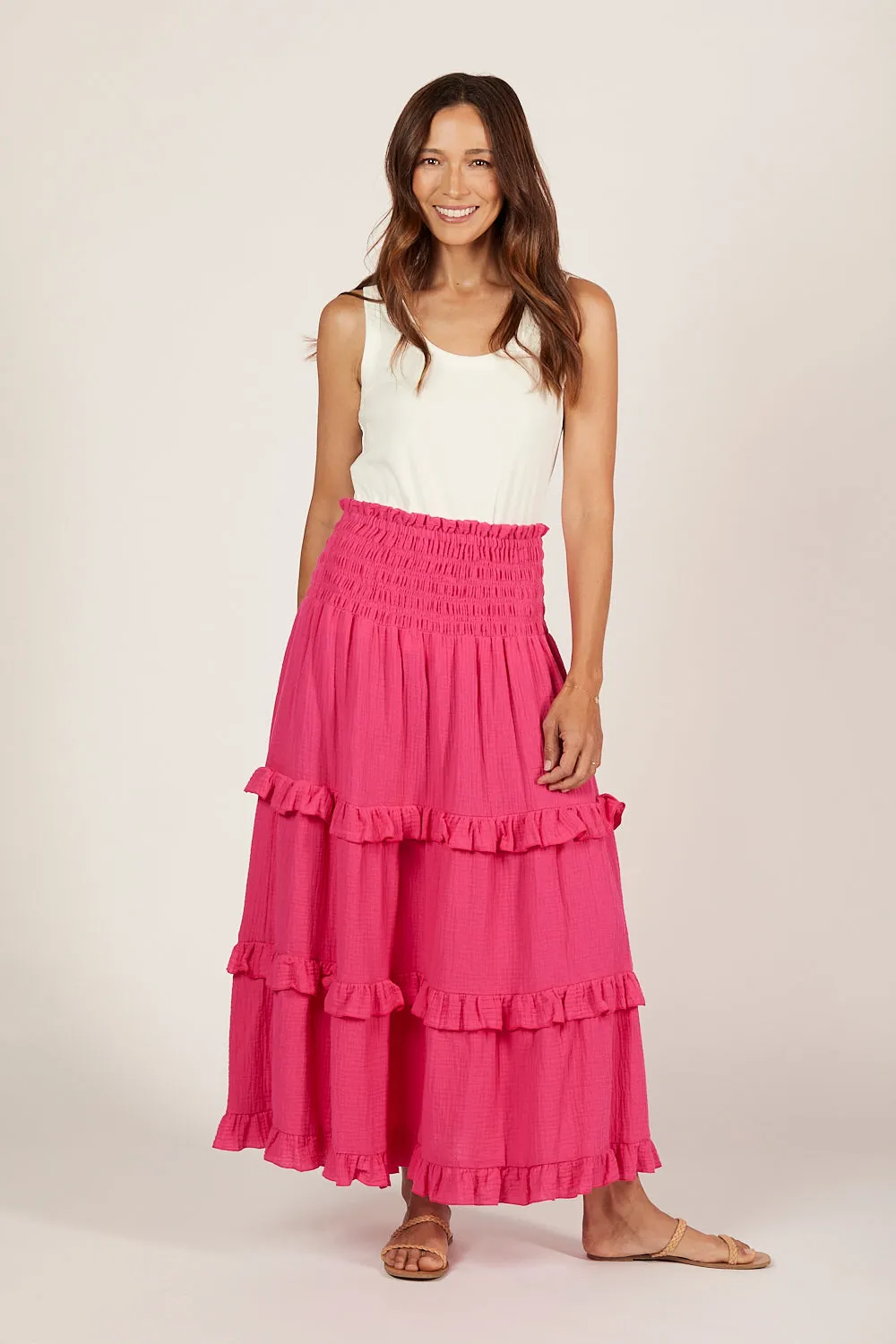 Aaliyah Crinkle Cotton Frill Skirt in Pink Glo