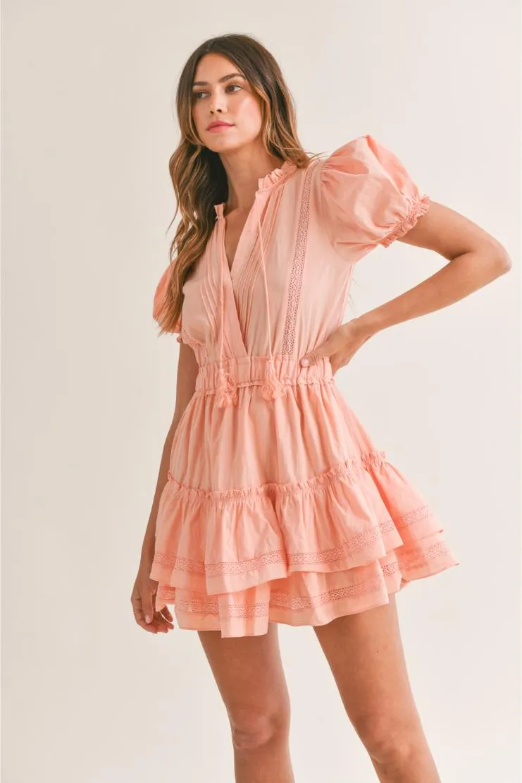 Allie Lace Detail Ruffle Tiered Mini Dress - Peach