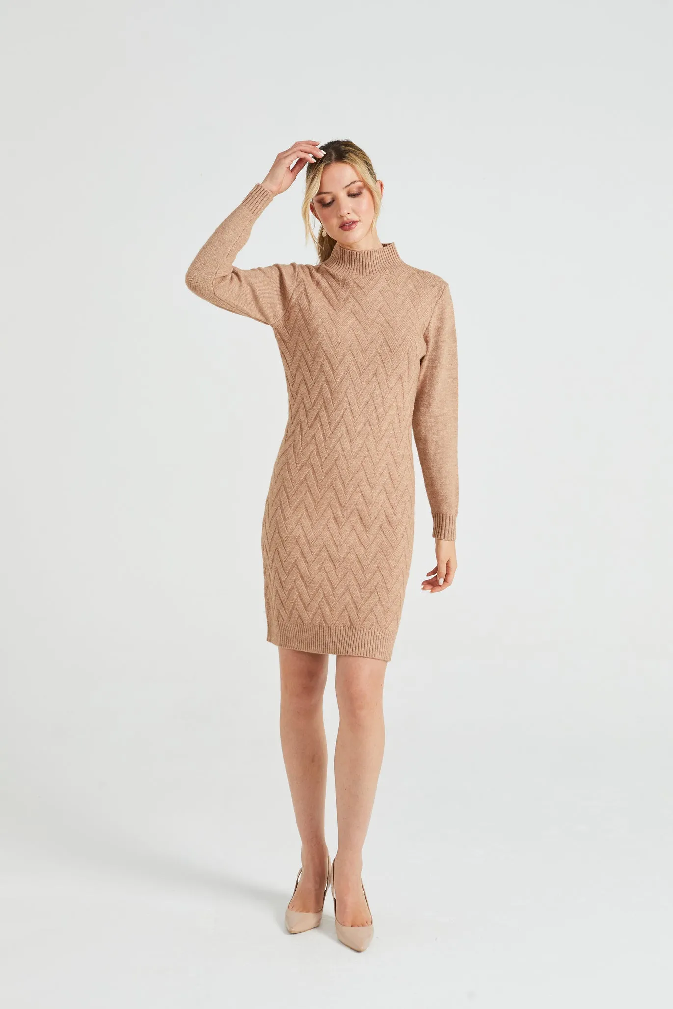 Angeleye High Neck Chunky Cable Knit Midi Dress