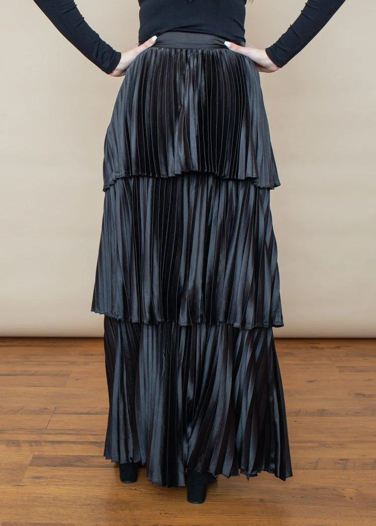 Annika Satin Pleated Tiered Maxi Skirt -Black-***FINAL SALE***