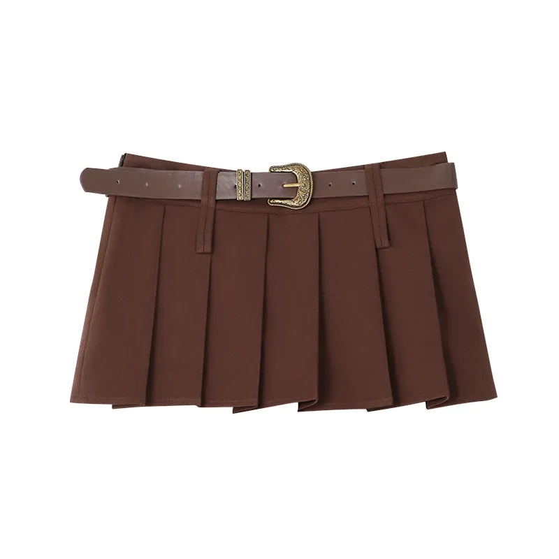 Arielle Solid Color Waist Belt A-Line Pleated Mini Skirt