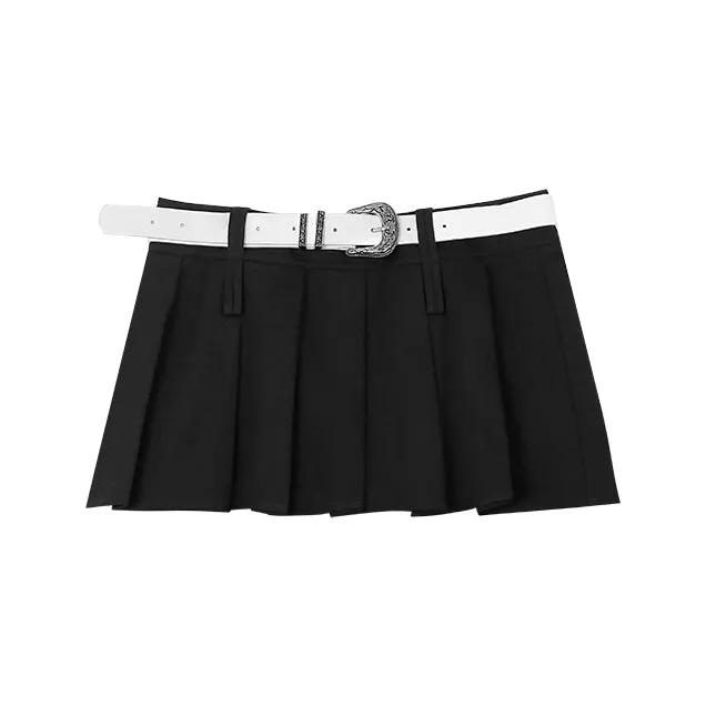 Arielle Solid Color Waist Belt A-Line Pleated Mini Skirt