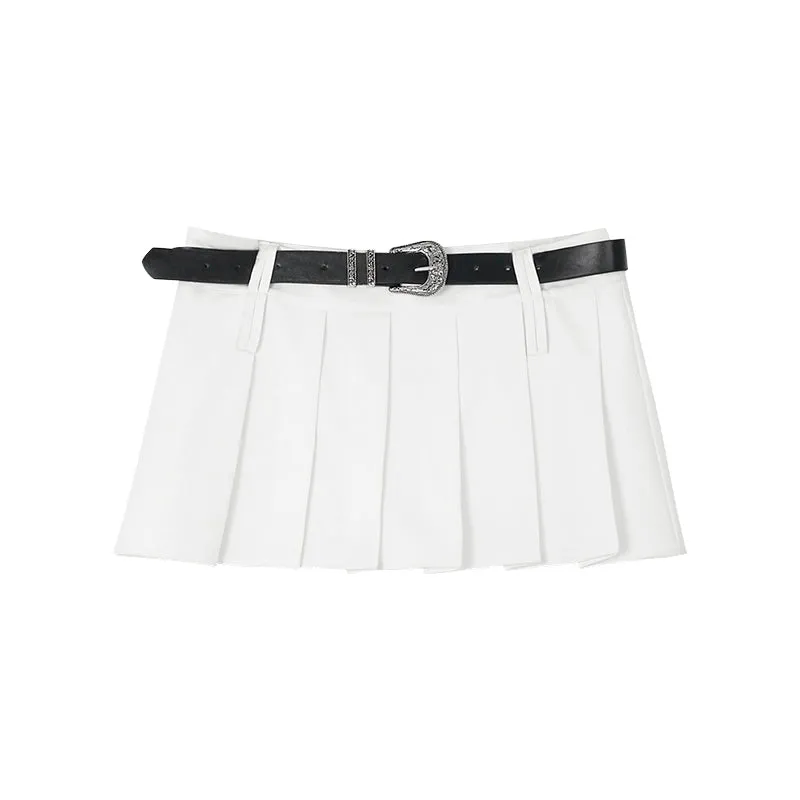 Arielle Solid Color Waist Belt A-Line Pleated Mini Skirt