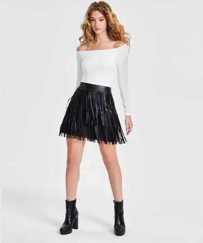 Bar III Women's Faux-Leather Fringe Mini Skirt