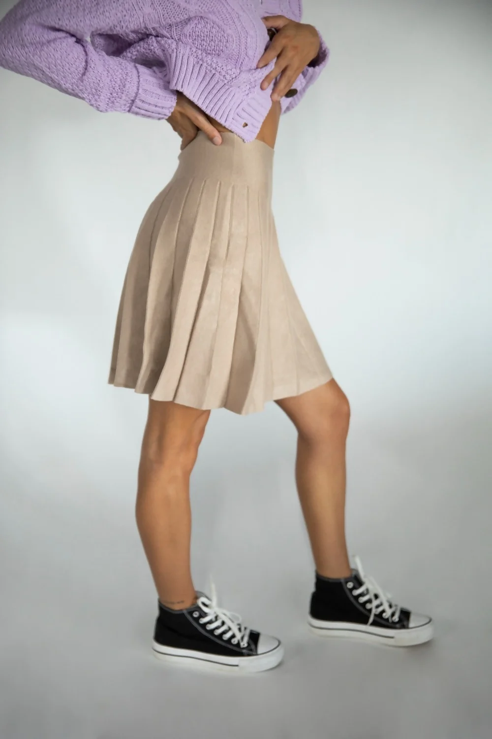 Beige Knitted Pleated Mini Tennis Skirt