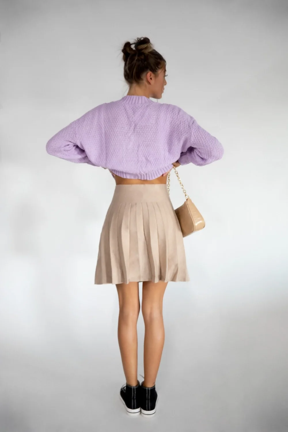 Beige Knitted Pleated Mini Tennis Skirt