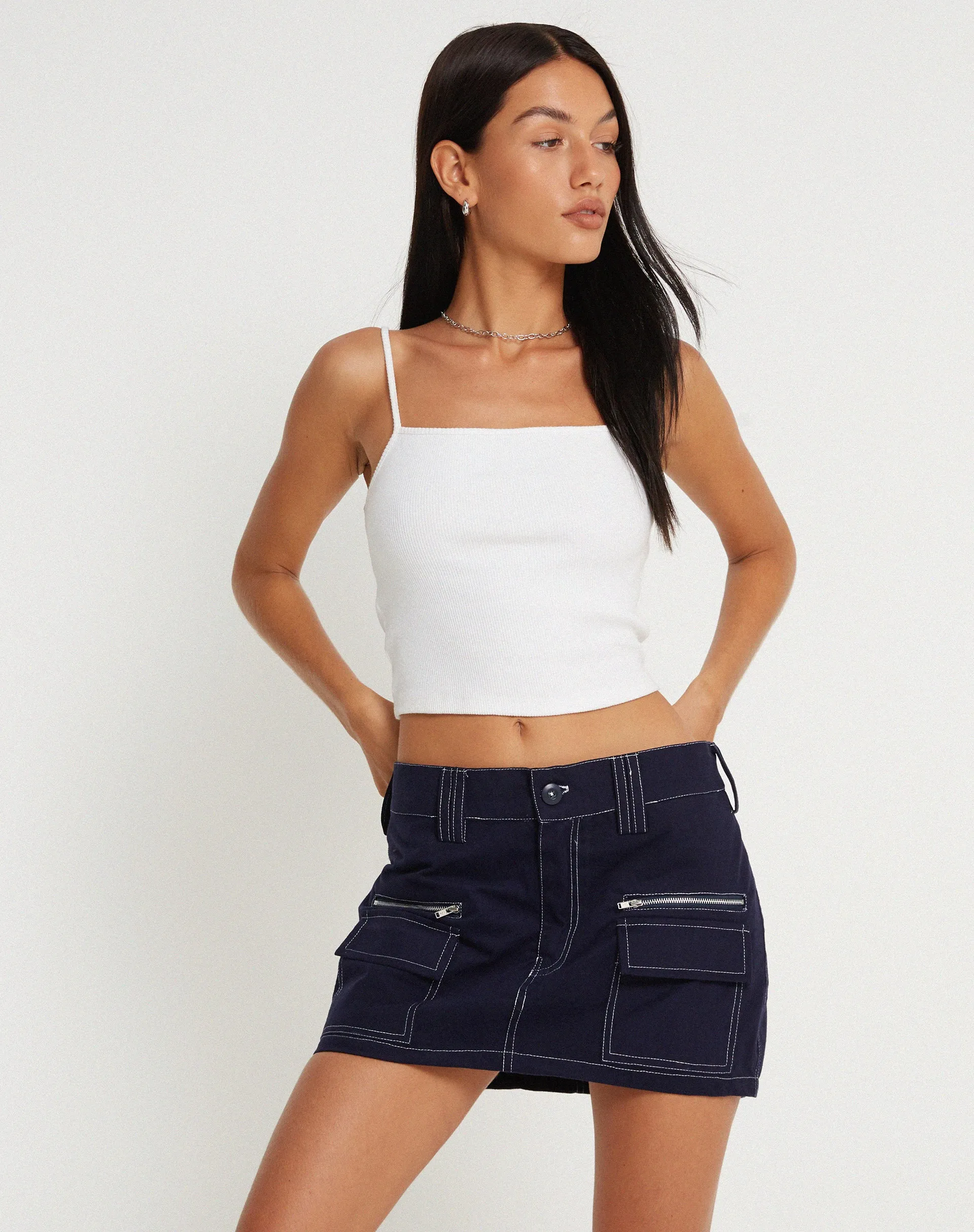 Betsy Mini Skirt in Navy with White Top Stitch