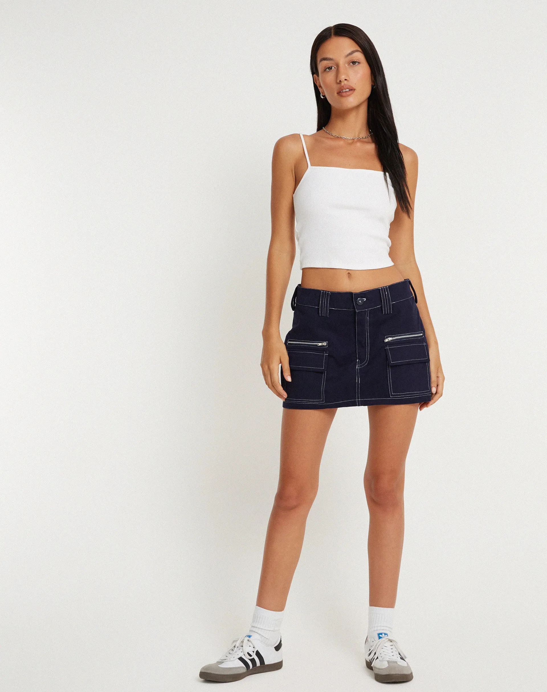 Betsy Mini Skirt in Navy with White Top Stitch