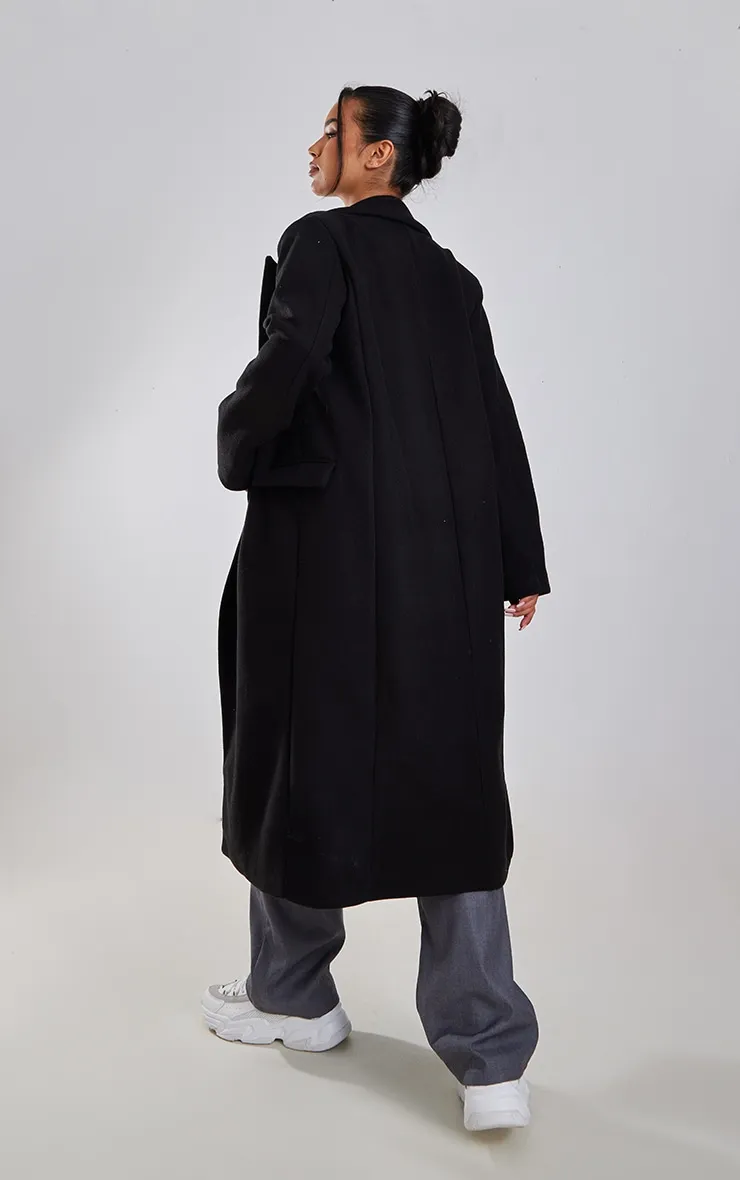 Black Double Breasted Wool Look Overcoat