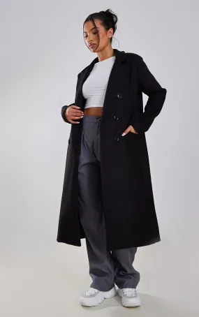 Black Double Breasted Wool Look Overcoat