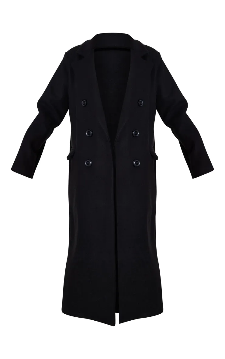 Black Double Breasted Wool Look Overcoat