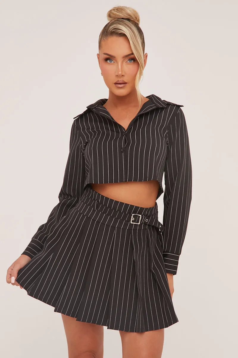 Black Striped Button Up Shirt & Pleated Mini Skirt Co-ord Set - Nancy