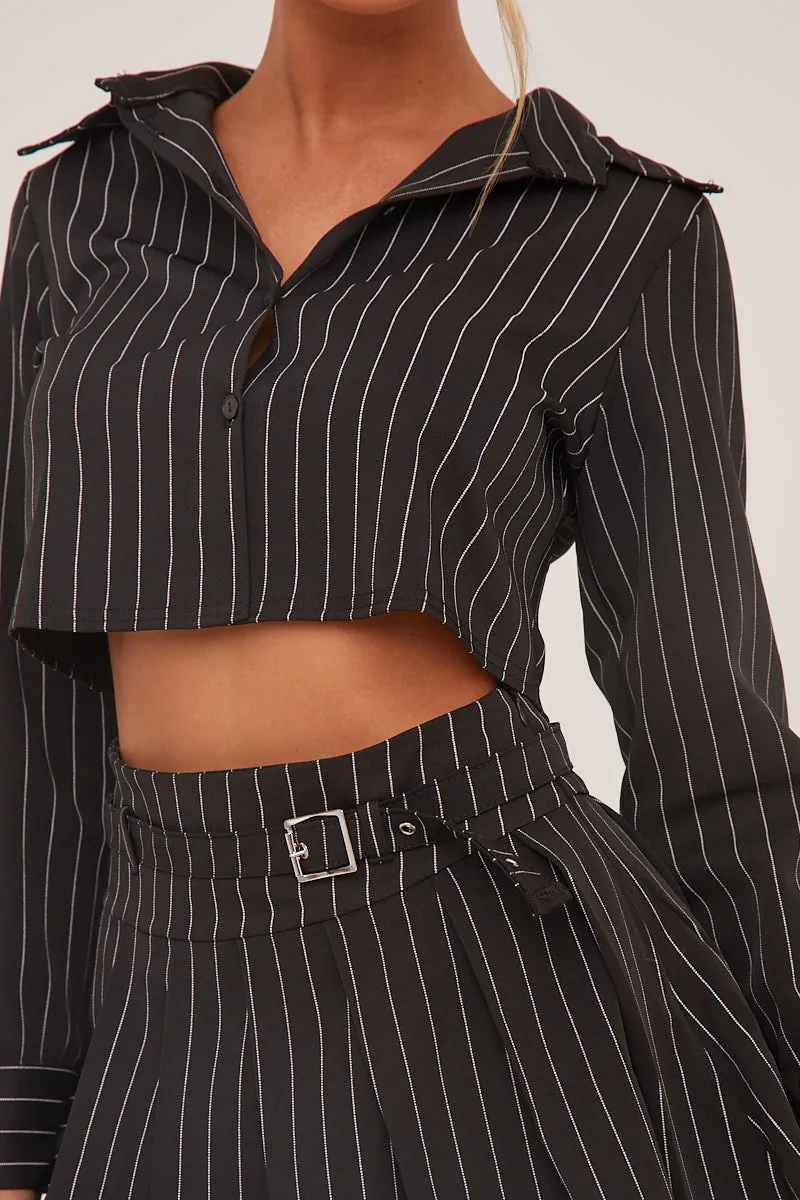 Black Striped Button Up Shirt & Pleated Mini Skirt Co-ord Set - Nancy