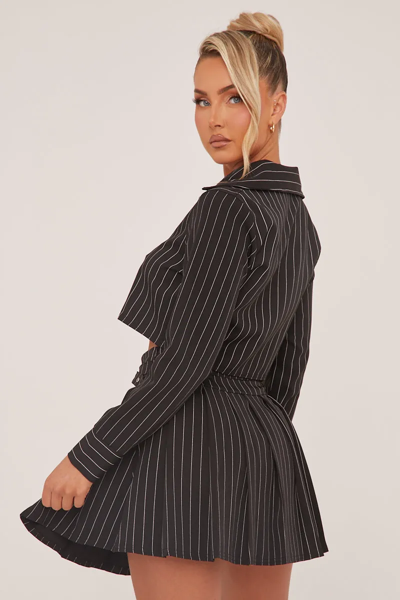 Black Striped Button Up Shirt & Pleated Mini Skirt Co-ord Set - Nancy