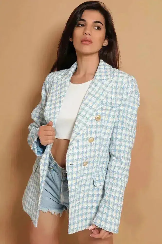 Blue Double Breasted Buckle Tweed Military Style Blazer