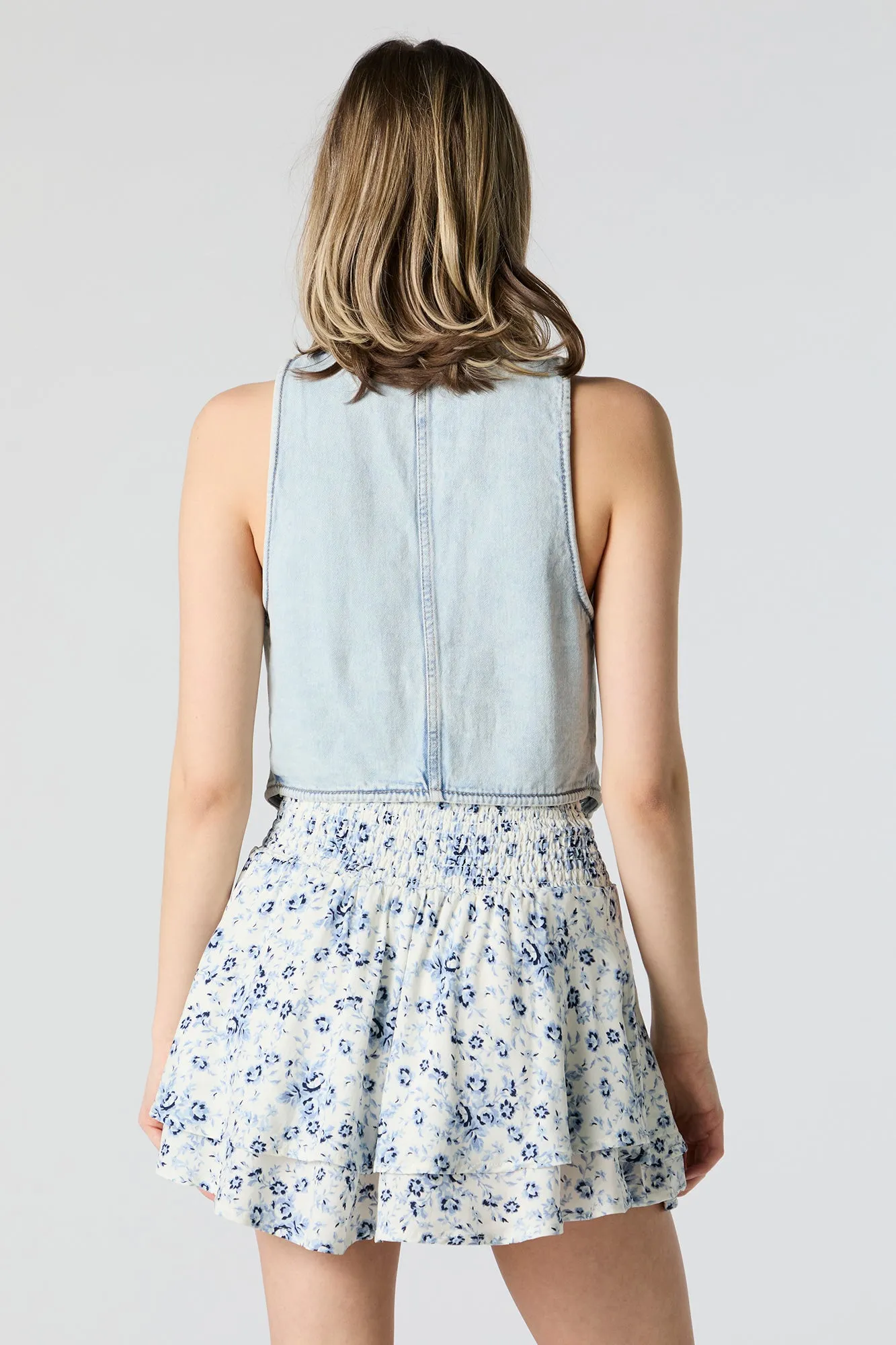 Blue Floral Print Tiered Mini Skirt