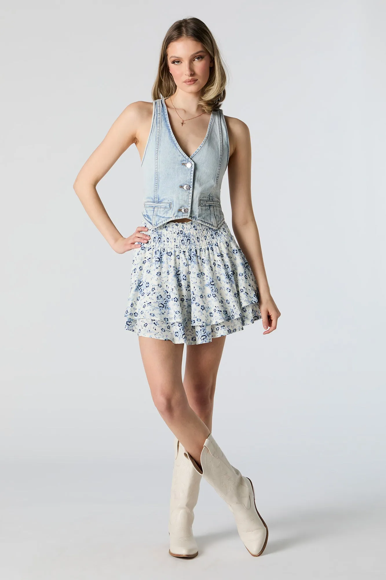 Blue Floral Print Tiered Mini Skirt