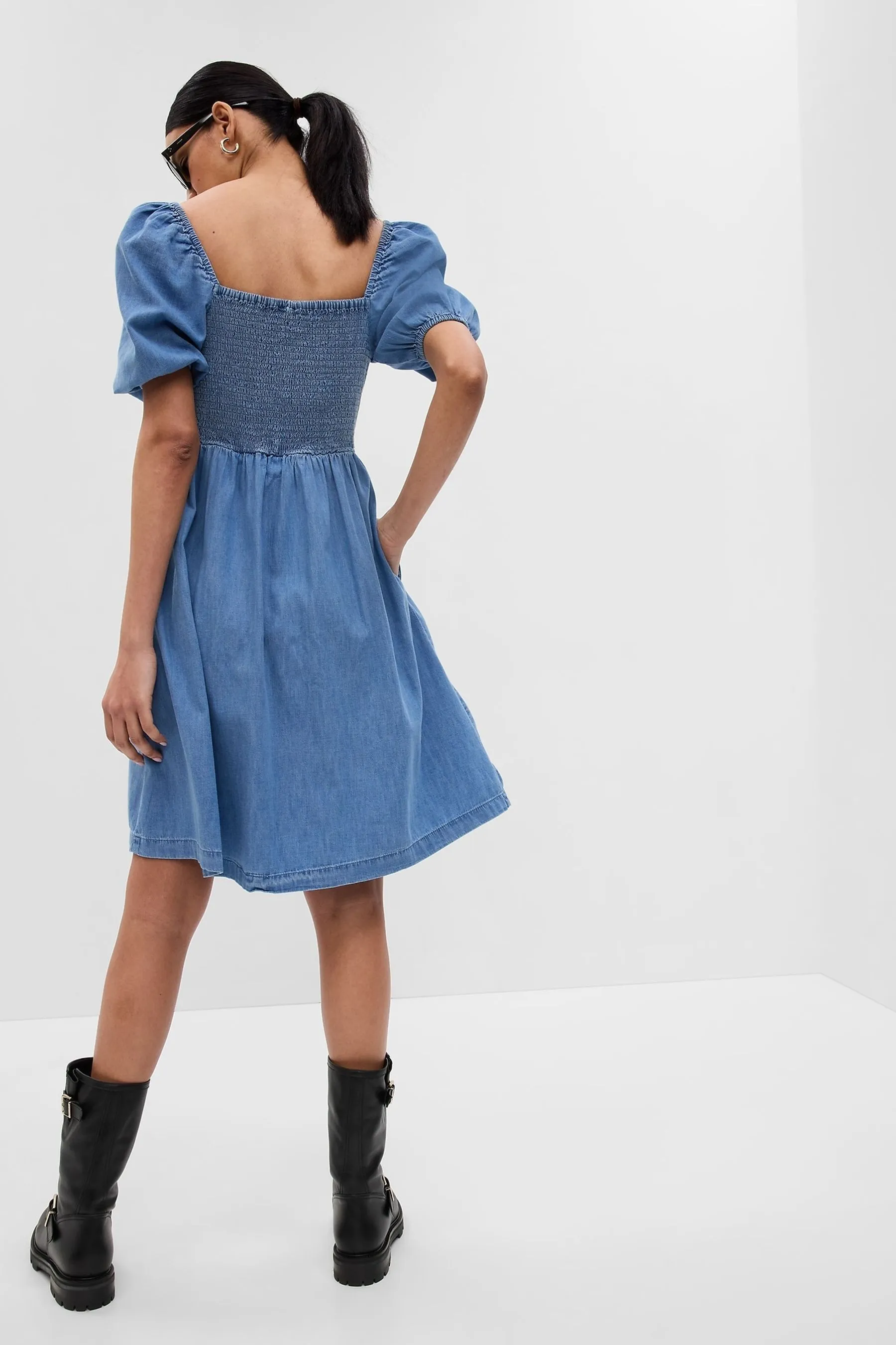 Blue Puff Mid Sleeve Denim Mini Dress