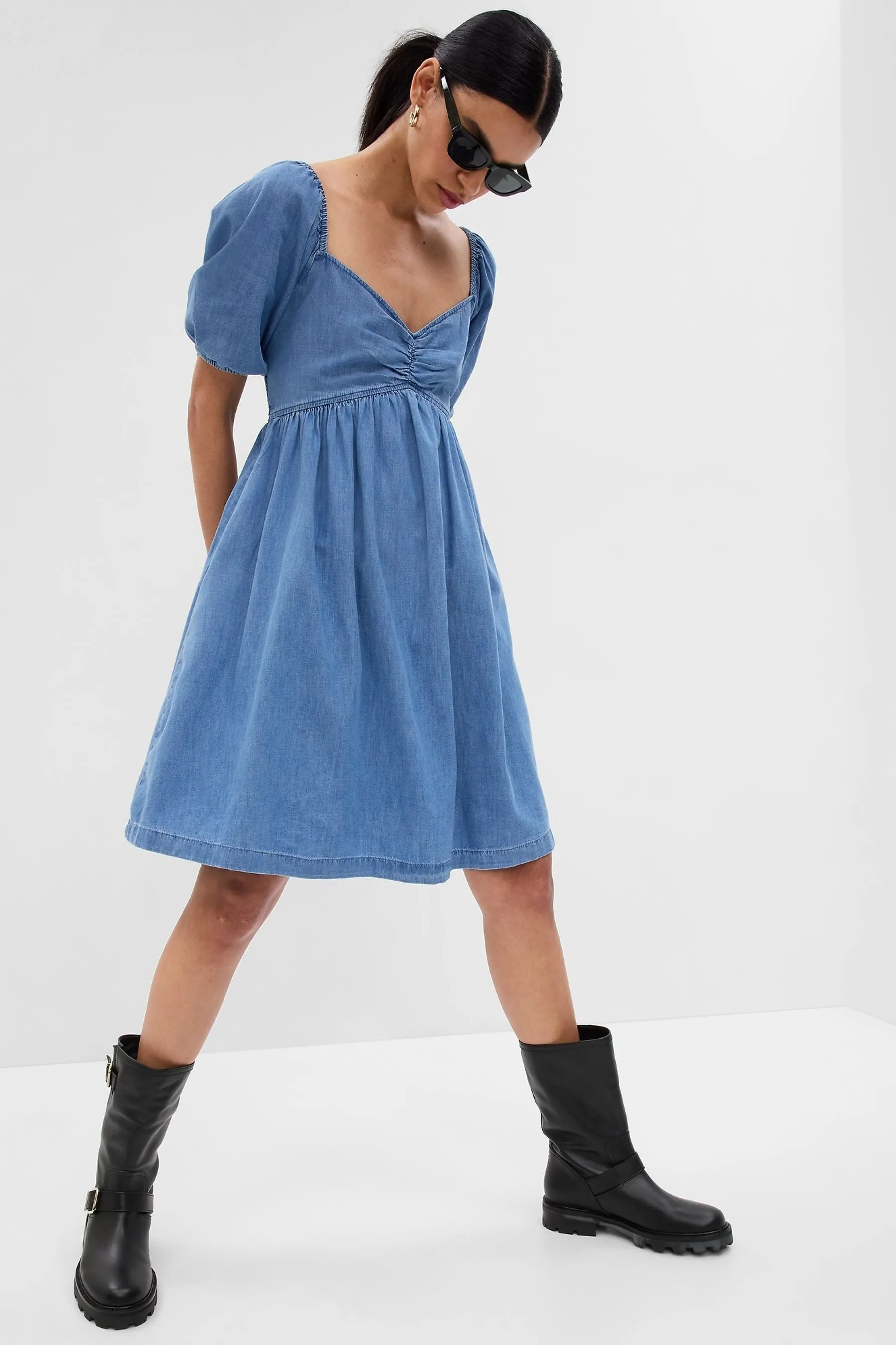 Blue Puff Mid Sleeve Denim Mini Dress