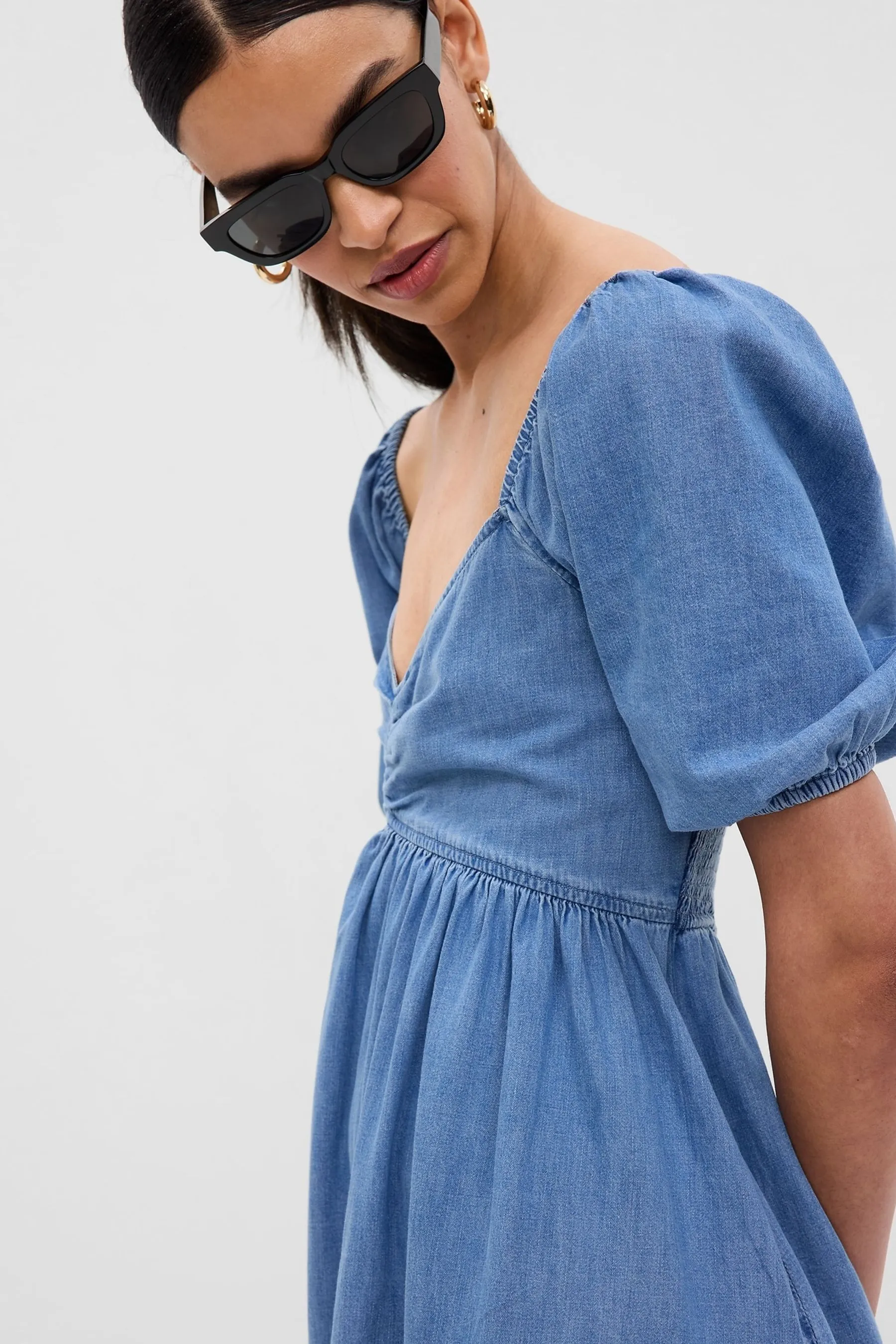 Blue Puff Mid Sleeve Denim Mini Dress