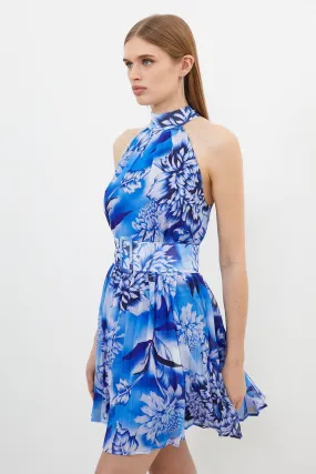 Blue Rose Print Pleated Mini Dress | Karen Millen