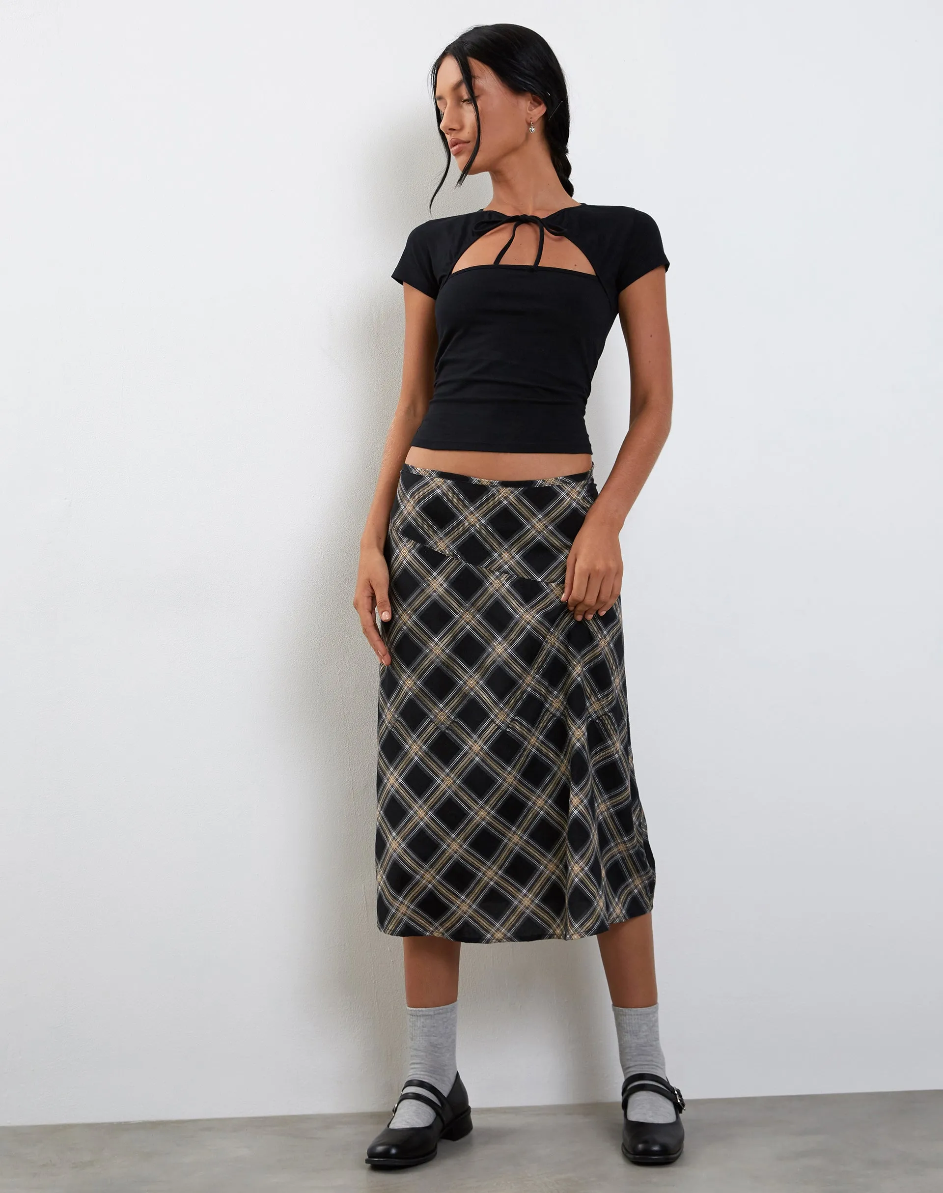 Brella Midi Skirt in Black and Grey Check