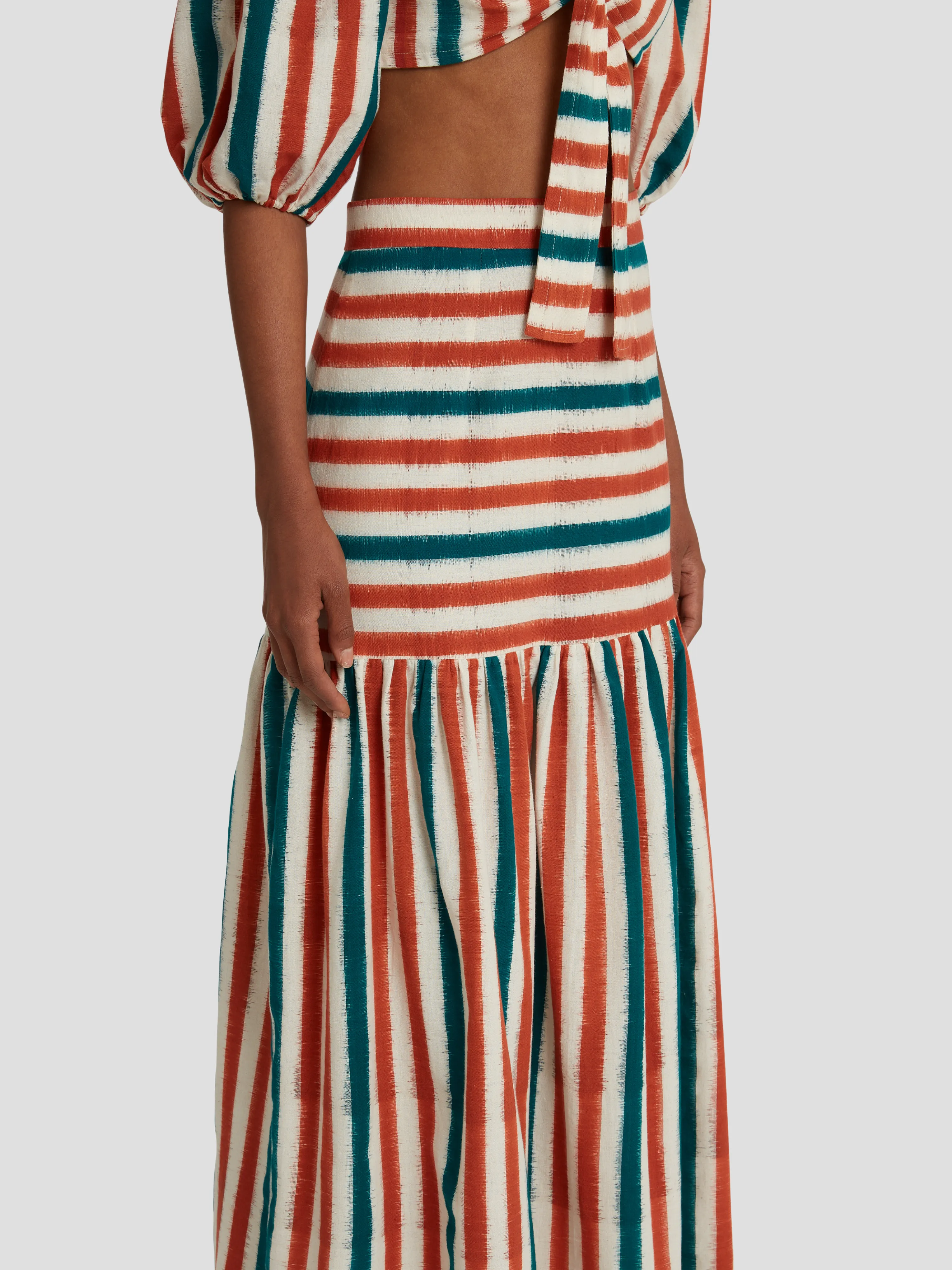 Brown Green Cornelia Ikat Stripes Maxi Skirt