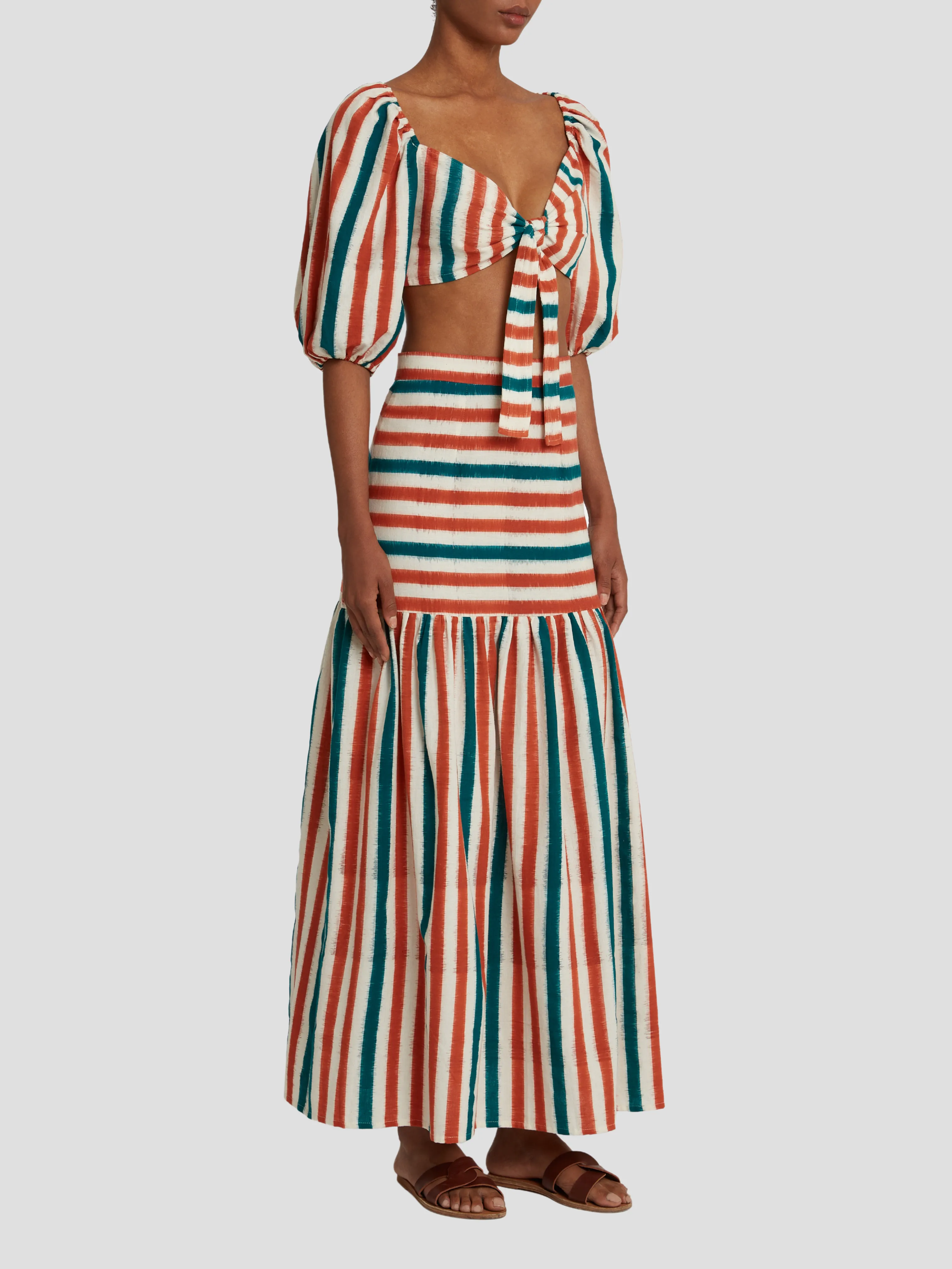 Brown Green Cornelia Ikat Stripes Maxi Skirt