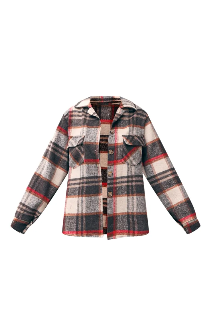 Brown Wool Look Checked Shacket | Outerwear