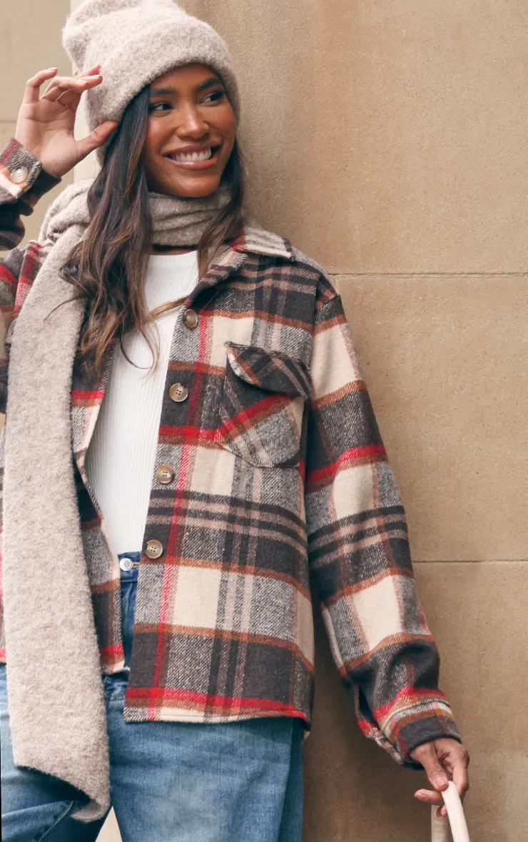 Brown Wool Look Checked Shacket | Outerwear