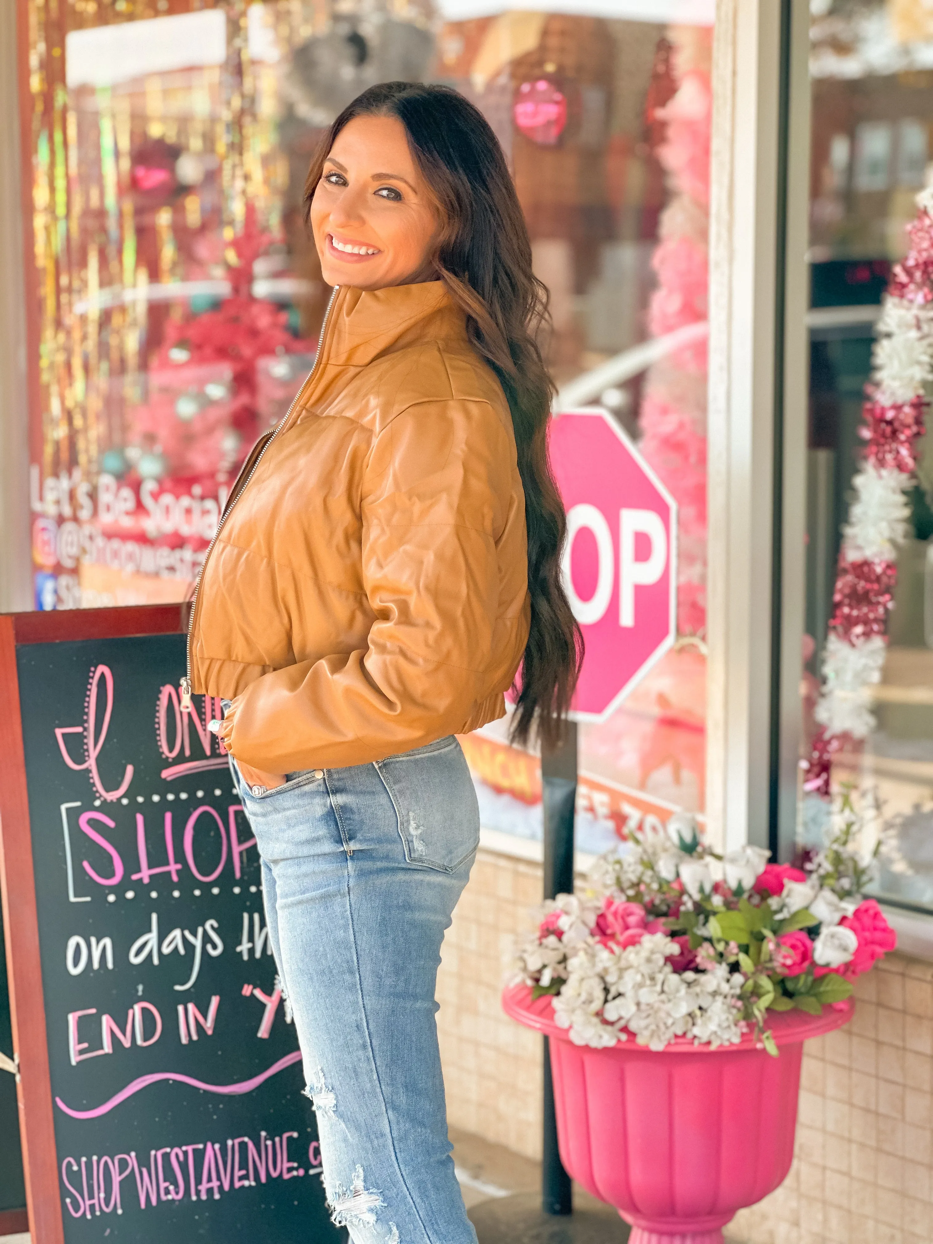 Camel Faux Leather Puffer Jacket