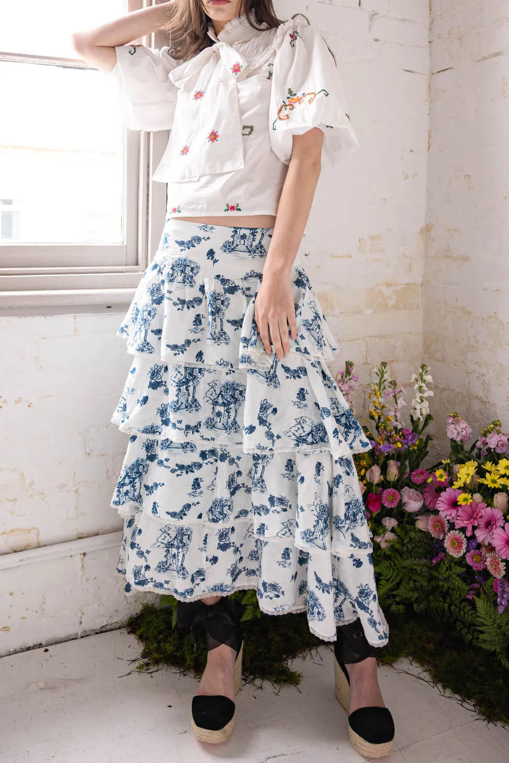 Cascading Midi Skirt - Gazebo Toile Estate Blue