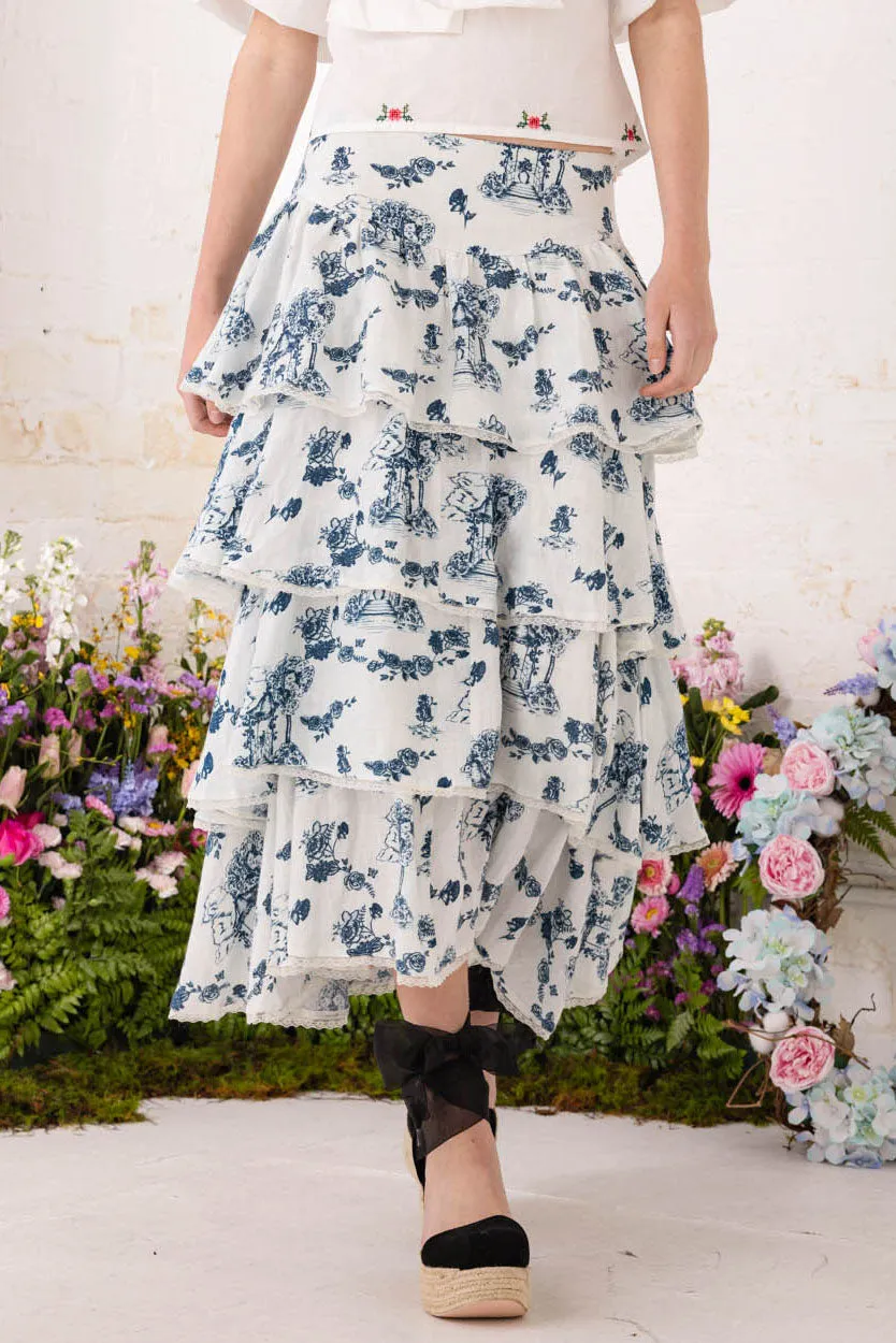 Cascading Midi Skirt - Gazebo Toile Estate Blue