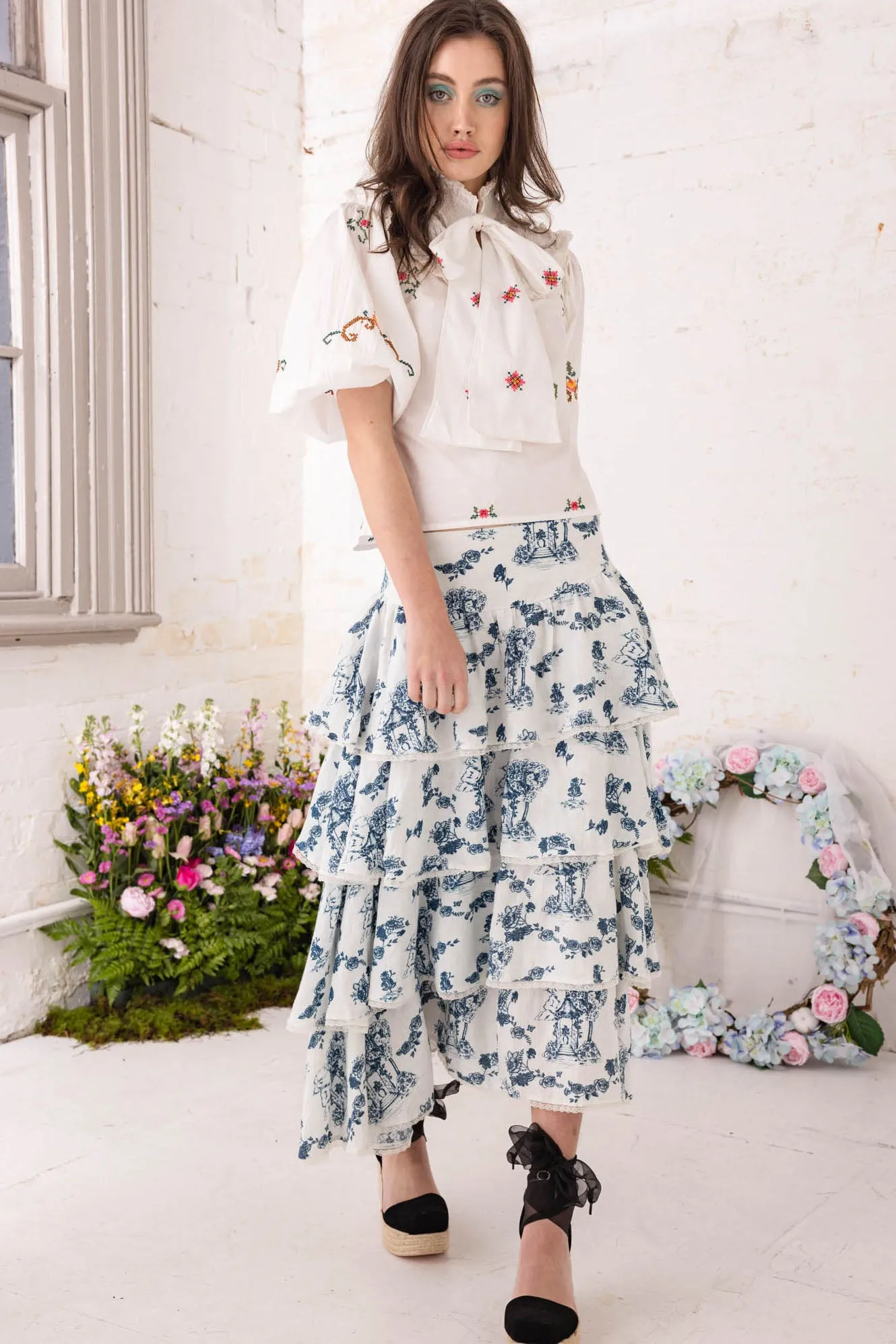 Cascading Midi Skirt - Gazebo Toile Estate Blue