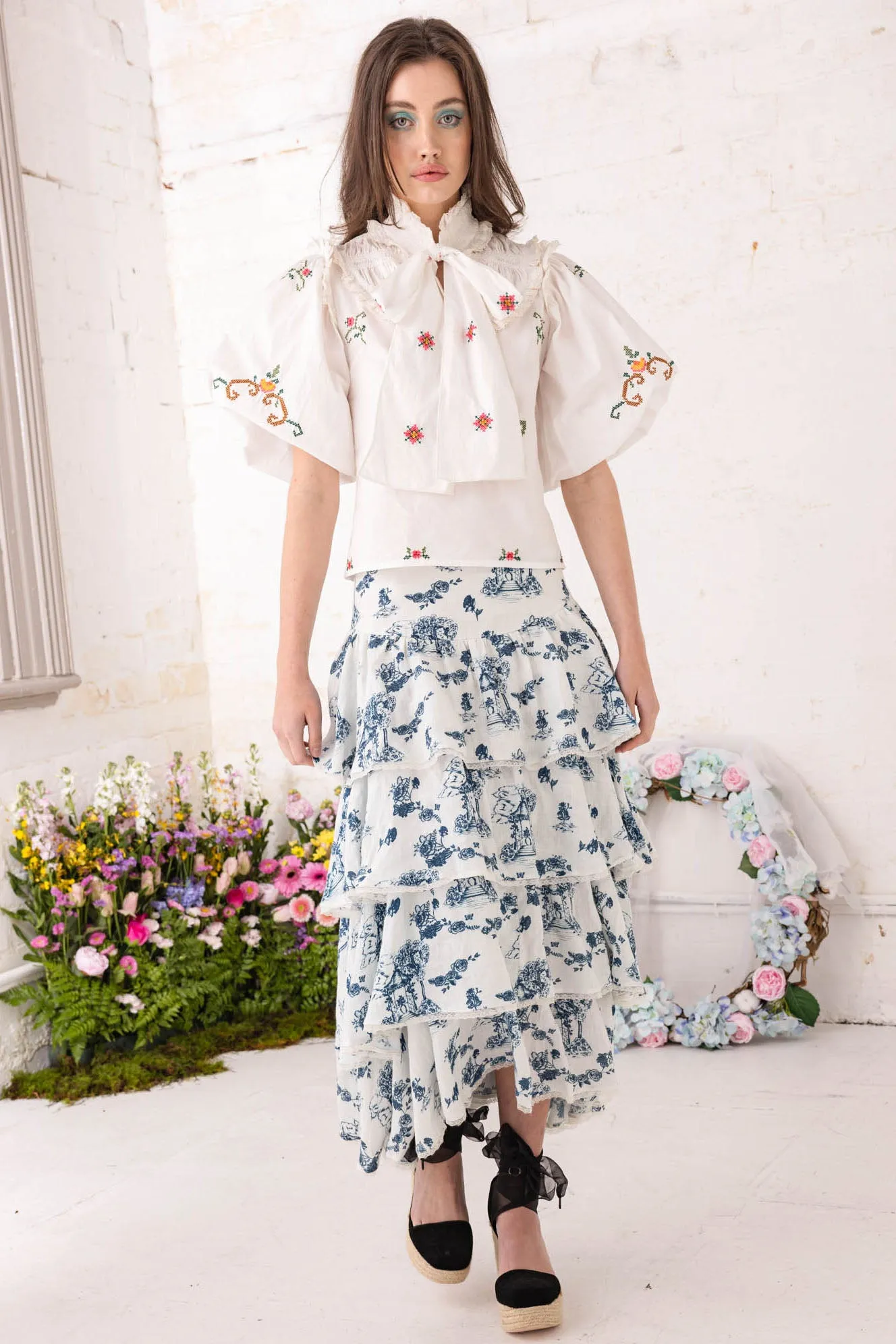 Cascading Midi Skirt - Gazebo Toile Estate Blue