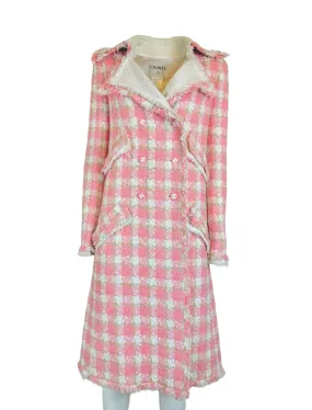 CHANEL - Long Coat tweed pink/white size 36 FR