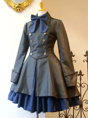 Classic Lolita Outfit Bow Zipper Lace Up Double Breasted Lolita Overcoat With Pleated Jumper Skirt