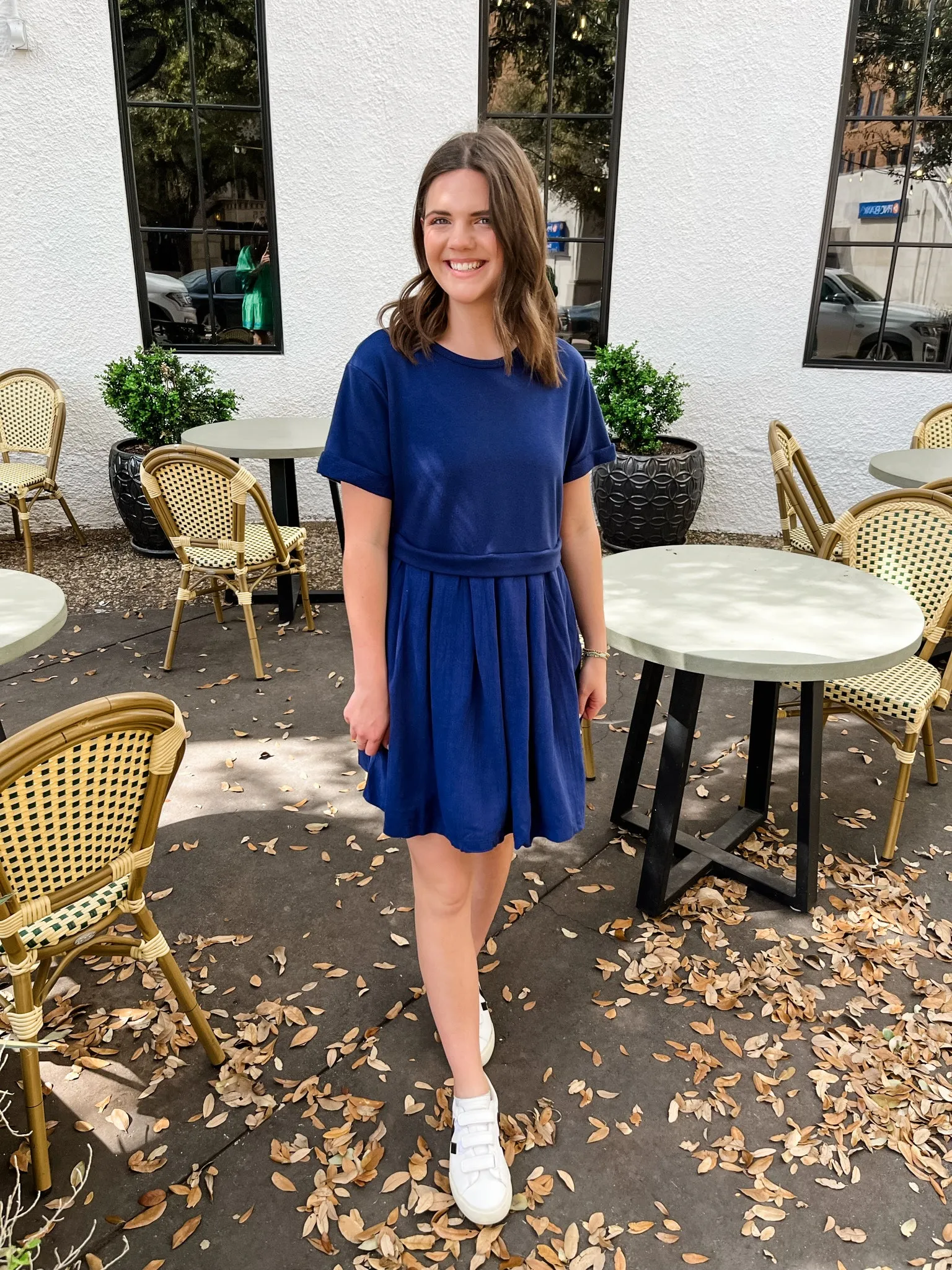 Contrast Pleated Mini Dress- Navy