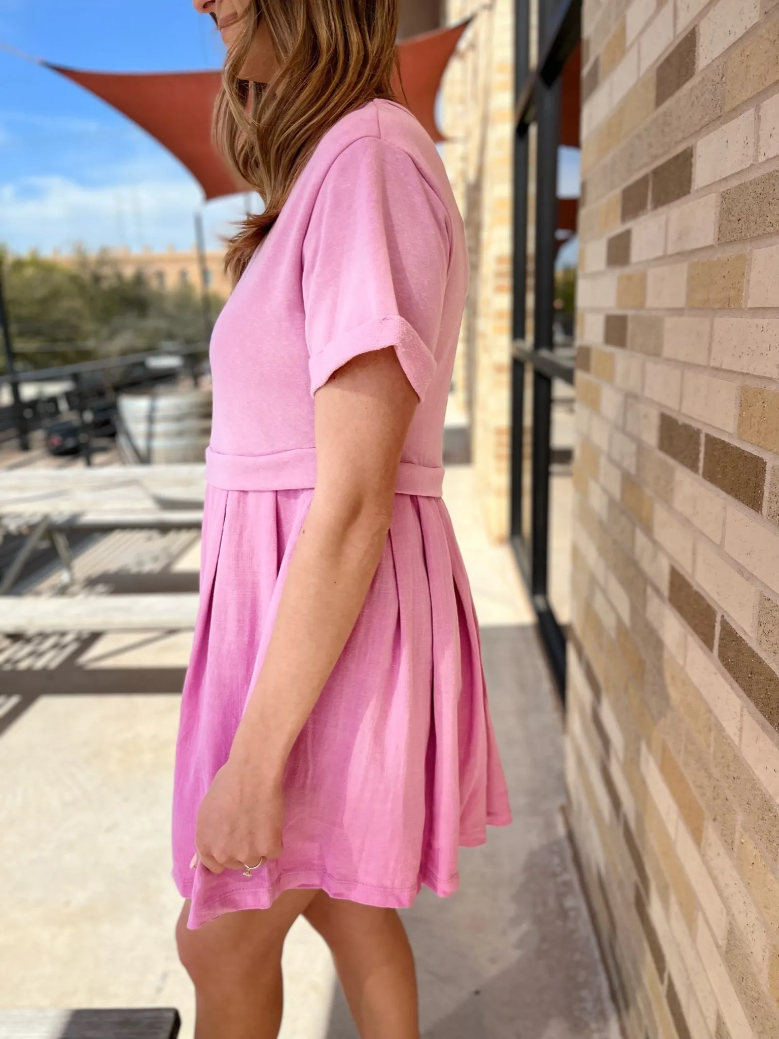 Contrast Pleated Mini Dress- Pink