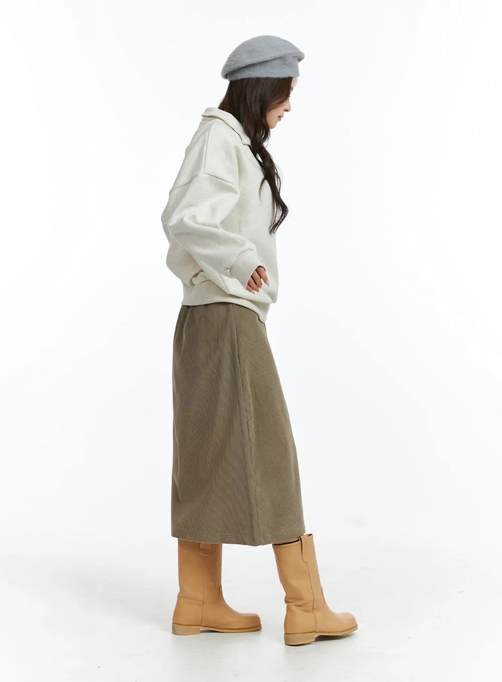 Corduroy Mid Waist Maxi Skirt OJ415