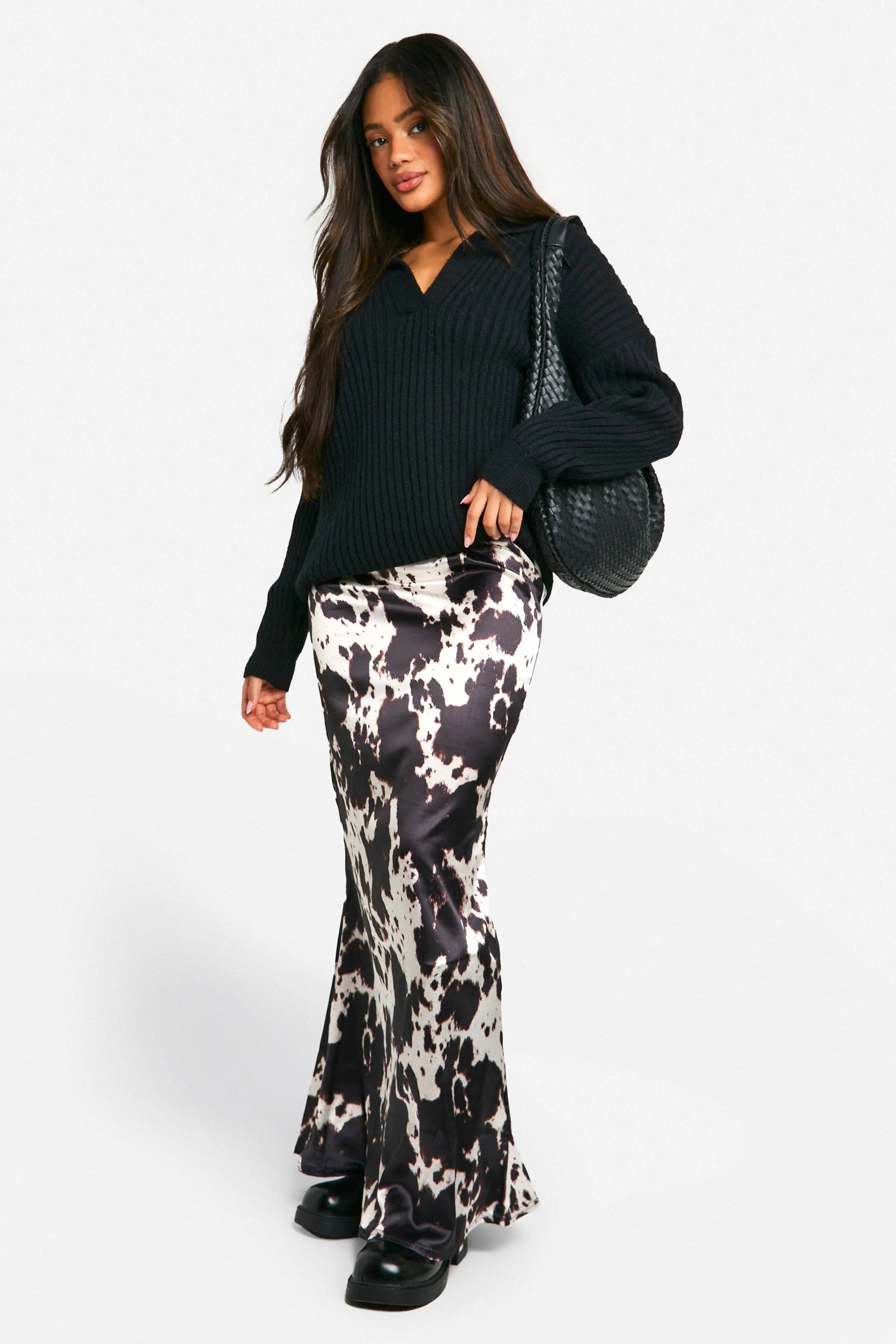 Cow Print Satin Midi Skirt