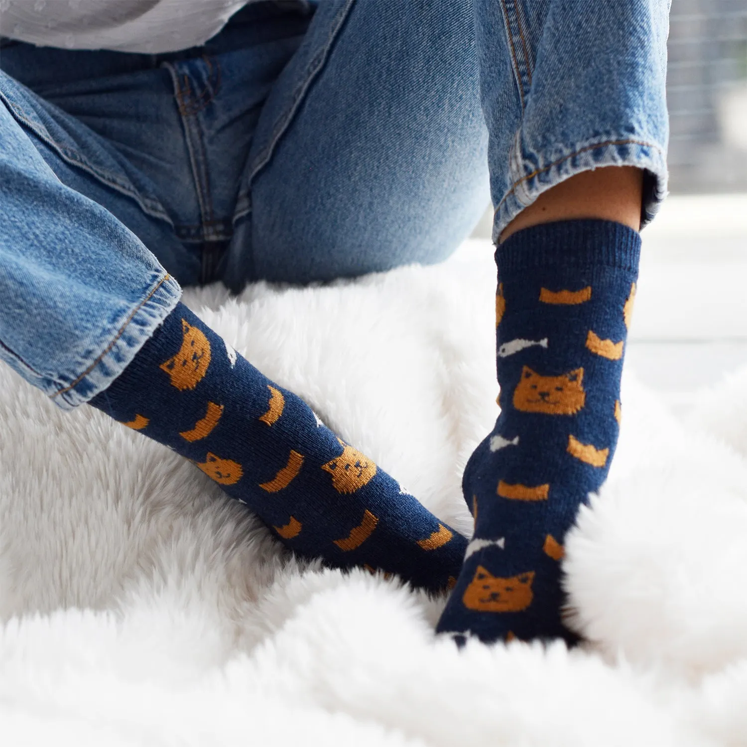 Cozy and Warm | Wool Socks | Cats and fish Blue