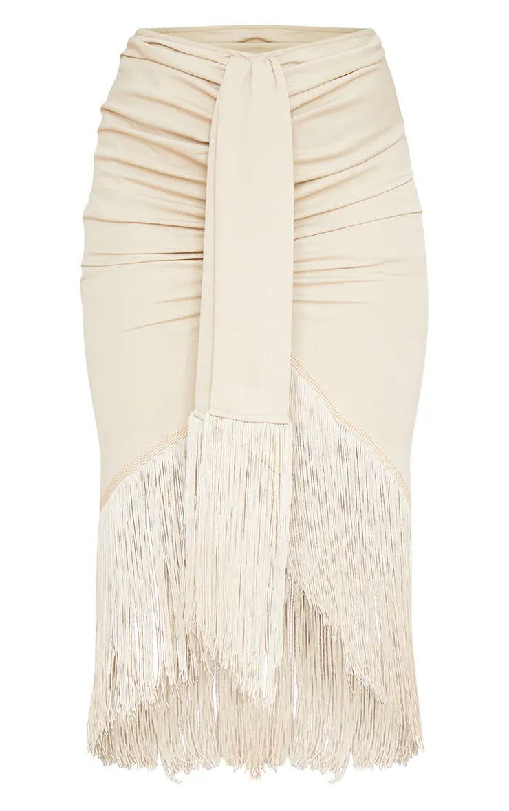 Cream Tassel Hem Midi Skirt