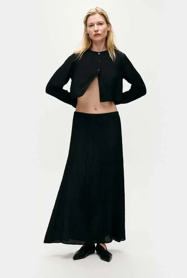 Crinkle Long Bias Cut Skirt - Black