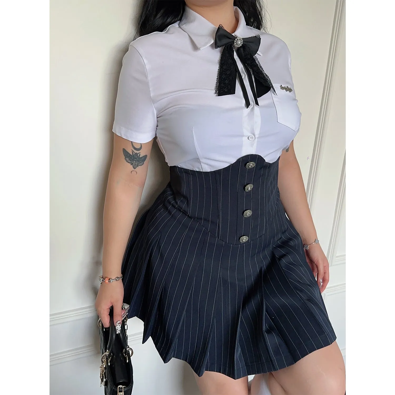 Dalila Plus Size Solid Color Short Sleeve Bow Tie Button Up Top + Plus Size Button Under Bust High Waist Stripe Pleated Mini Ski