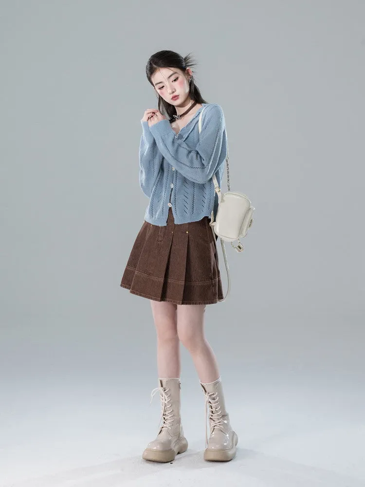 Denim Box-Pleats A-Line High-Waist Plain Mini-Skirt