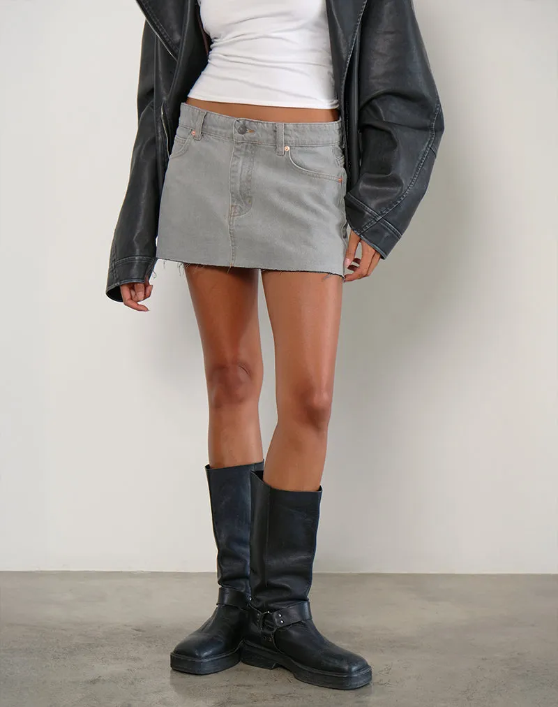 Denim Raw Hem Mini Skirt in Grey Bleach